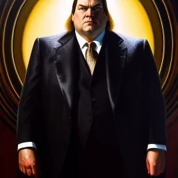 Ultra detailed fullbody Portrait in oil on canvas of The Kingpin Villain ,extremely detailed digital painting, extremely detailed face,crystal clear Big Glowing eyes, mystical colors ,perfectly centered image, perfect composition, rim light, beautiful lighting, 8k, stunning scene, raytracing, anatomically correct, in the style of robert e howard and Ken Kelley and Ohrai Noriyoshi and Simon Bisley and tomzj1