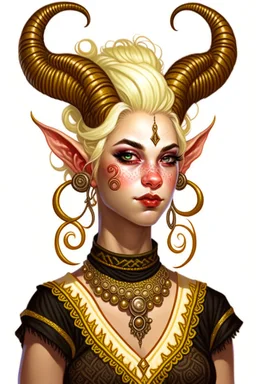 A teenaged tiefling woman with white blonde hair, pointy ears, a set of ram horns and another set of gazelle horns, fancy clothes,