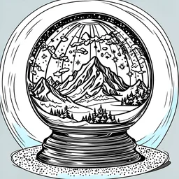 create a realistic snow globe,snow globe on a detailed stand, bold lines, black and white, high contrast, black outline, realistic in the style of line art, in the style of coloring book, clear white sky, white background