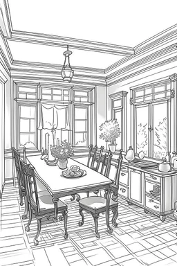 Outline art, house interior design, dining room, no shading, no lines, cartoon style, --ar 9:11