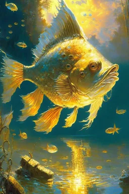 cartoon Lagging fish with pixels, , digital art, beautiful, golden hour, sharp focus, ultra detailed, astral, magic, surreal, by Andon Harav, Ivan Shishkin, John Berkey, masterpiece, award winning painting, renowned artists,