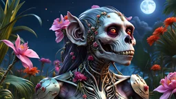 a beautiful female zombie primate made of aged bone with a metal welded spine with smooth glossy skin and blossoming tropical flowers, lunar landscape, 8k resolution, epic, beautiful, atmospheric, masterpiece, trending on Artstation, deviantArt, ultra detailed, sharp focus, deep color, vibrant, wet,