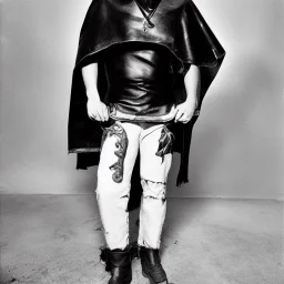 a young man wearing leather pants, a dirty mexico-themed poncho with a bowl cut and light facial hair, full body shot, holding 2 daggers with a smile