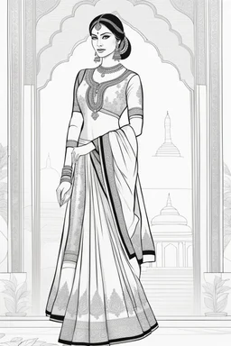 Coloring page for adults of a elegant fashion model woman wearing hindi dress, dynamic poses, full body portrait, thick and clean lines, clean details, no-color, no-turban, , non background, non color, non shading, no-grayscale, dynamic poses, full body portrait, thick and clean lines, clean details, no-color, no-turban, , non background, non color, non shading, no-grayscale