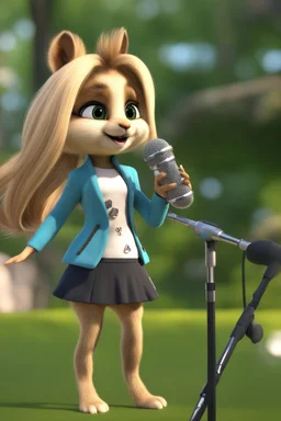 Cute 3d animated chipmunk, she is a singer, cute outfit and microphone in hand, long blond hair