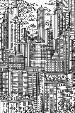 outline art for cities coloring pages for adults with big city, white background, Sketch styl, only use outline. Mandala style, clean line art, no shadows and clear and well outlined, Intricate Patterns and Details