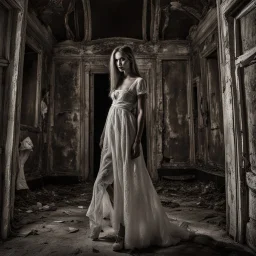 Female fashion model in a haunted house.