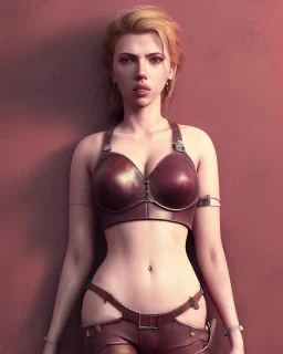 full body, Scarlett Johansson identify face, leather armour , big busty , pintura, ,details,texture,8k quality, florest, Minimalism, Romanticism, Expressionism, Impressionism