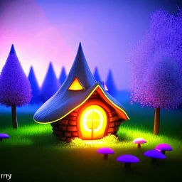 fairy house in the forest, blue and pink lights mushrooms and big flowers around campfire, decora, kawaii, house