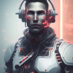 white cyberpunk cyborg men portait realistic sci fi dirty face and cheap implants focused on face red and white