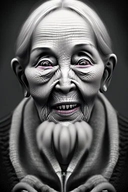 A brutishly ugly old woman in greyscale