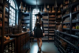 full-height shot of a young witch in a tight black short skirt, inside a large magic shop, shelving, bottles, windows