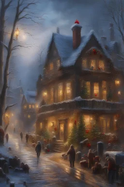 the giant house down the lane with Christmas Decorations surrounded by bloodthirsty zombies, Oil on Canvas by Thomas Kinkade - 4k UHD, Ultra-realistic, Hyper realistic, Photorealistic, Realistic, absolute Reality