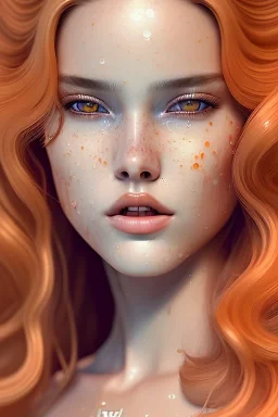 1970's porno model, cute, big droopy eyes, pouty wet lips, angelic face with minor blemishes, beautiful, long orange flowing hair, wavy hair, curly hair، black eyes, full body shot, low angle shot, cinematic, misty atmosphere, 8k, resolution concept art portrait by Greg Rutkowski, Artgerm, WLOP, Alphonse Mucha dynamic lighting hyperdetailed intricately detailed, bokeh, Stunning 8k ektar film scan, rim light, volumetric lighting