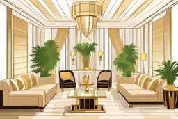 Inside an Art Deco living room with sofas, potted palms, with mirrors and brass sconces, incandescent, gleaming