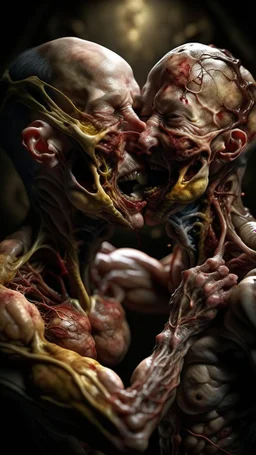 cinematic gore Bosch style photorealistic fleshy dmt lsd photo of 2 conjoined mangled zipper-faced embryonic bodies wrestling, 1 soul vortex, complementary, anatomically fragmented, ripped apart again being flayed, skinned alive. A beating heart, muscles, blood vessels, bowels, entrails are exposed. Visceral anatomy. physiology. Their face and body opens with a zipper. Bosch and Dali inspired hallucinations. mythology. grotesque.