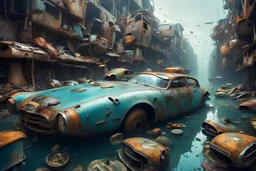 Junk city underwater, street view, many futurist cars, macro photography,