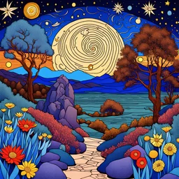 Colourful, peaceful, Max Ernst, Van Gogh, night sky filled with galaxies and stars, trees, rocks, flowers, one-line drawing, sharp focus, 8k, 3d, intricate, ornate