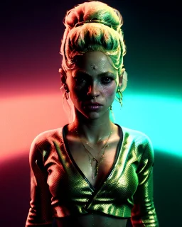 portrait, Shakira, blonde artist, angry, Realistic image, MMA robe, hoodie, mma gloves, fight pose, make-up make-up, gold line make-up, sweat, fog, goddess style, Neon colors, leds. Black background, photo studio, concept art, smooth, unreal engine 5, god lights, ray tracing, RTX, lumen lighting, ultra detail, volumetric lighting, 3d, finely drawn, high definition, 4k.