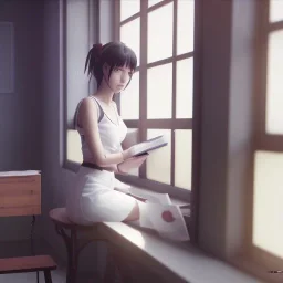 female student studying by the window, anime style, unreal engine 5, studio lighting --ar 2:1