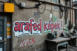 there is an arafed sign that says "arafed képek!" on the wall of a building, rolands zilvinskis 3d render art, dystopian grunge, steampunk grafitti, hyper realistic digital art, sticker art, disco elysium style, pexels, neoexpressionist, gritty background, solarpunk, oilpunk, unsplash transparent, to be or not to be, scrap metal on workbenches, infinite regression, interconnected human lifeforms, by Hans Bol, symbolic mural, a cd album cover art by Kurt Roesch, graffiti, disco elysium character