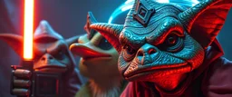 volume fog light, hyper real close up on faces of rock ant cricket duck priest gremlin man general with hi tech transcendent lazer plasma blaster arsenal from hell, guarding bridge up to space saucer neon plastic transparent
