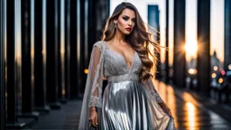 very beautiful model lady with makeup and beautiful modern fashion midi pleated velvet dark silver lace skirt with lace edges and modern loose lace top with a loose over, curvy silver long hair, standing in a modern city open satge with 8 cubic mirrors(each with 4 equal hight and equal width, vertical mirror), each vertical on its own short rotating base. with some small lights on crystal frames, on roof of a skyscraper with city escape at background, with animating dynamic lights with high