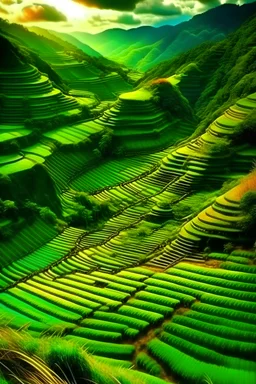 turn this into a beautiful Philippine rice terraces scenery, magical, painting quality