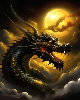 chinese dragon with gold highlights biting into partial eclipse of the sun, dark sky with clouds, fire and smoke from dragon's mouth