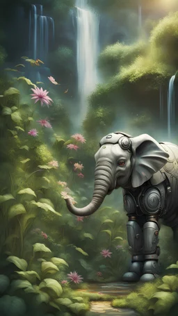 portrait of ninja robot elephant in the garden, waterfall and elves ,lotsa wild weed, in spotlight, magazine cover illustration with spray paint, signed, bokeh like, down-light, unreal engine, prize winning
