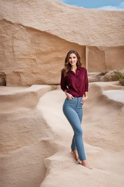 full body of very beautiful girl wearing pants and bluse ,skirt ,standing idle happy pose in studio pretty makeup