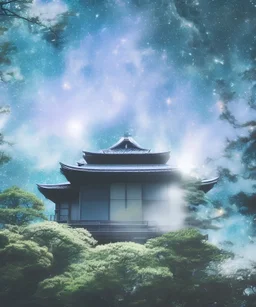 Japanese tea house in outer space with a nebula backdrop and otherworldly trees blue mist