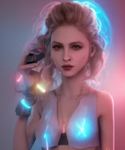 Artist, young madonna, android woman, sweet, blonde, white skin, long eyeliner, contour make-up, color leds lights, short hair, circuits, cyberpunk, latex coat, feather, cyber punk, neon, cables, portrait, studio photo, unreal engine 5, soft color, 16 bit, god lights, ray tracing, RTX, lumen lighting, ultra deatail, volumetric lighting, 3d, finely drawn, hd.