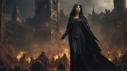 a magical female sorcerer in black cloth leading an army of rotting zombies through a burning medieval city. magic. fantasy setting. armor melted into the skin. blood. intense horror. blind terror. scared to death. a masterpiece, fantasy concept art, dynamic lighting, hyperdetailed, intricately detailed, deep color, Unreal Engine, volumetric lighting, Epic cinematic brilliant stunning intricate meticulously detailed dramatic atmospheric maximalist digital matte painting