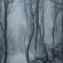 winter landscape, ice field, crystals, dreamlike, foggy, lost in the woods