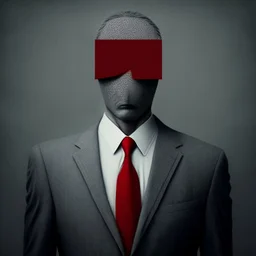 a man wearing a grey suit with a red tie who has no eyes or face