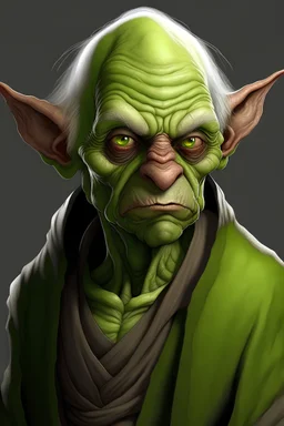 An old, wrinkly, green goblin with grey eyebrows and potato sack clothes. realistic no hood, poor, tattered clothes. Large nose, pale green skin. Torn up clothes. Brown clothes that look old and torn up
