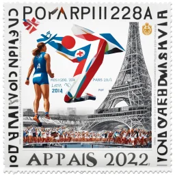 Commemorative stamp of the Olympic Games with the text: "Paris 2024". On pure white background. ultra 8k quality