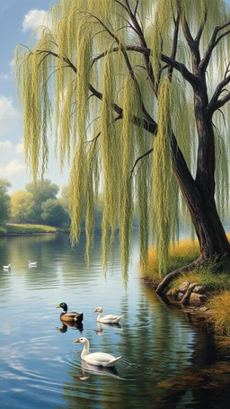 Bosch painting style , old willow tree by the river , a lovely ducks is swimming in the river