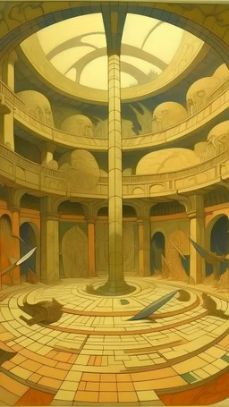 A beige coliseum with bladed weapons painted by Paul Ranson