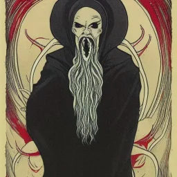 Cthulhu with white skin and a beard made of fleshy tentacles as a Russian Orthodox nosferatu vampire with yellow eyes and vampire fangs