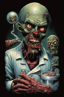 Science experiment Horror zombie surgeon by Richard Corben, Todd Schorr, T-Shirt Design, Black Background