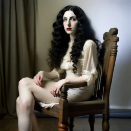 Breathtaking arab 30 years old woman with pale skin she is sitting on an old chair and has a tiny tanktop from the waist up, she has long black curly hair, petite figure, wide hips, prominent nose, thick lips, she has just been slapped around, by Egon Schiele, gustave dore, david mann, retro vintage style, hd photography, hyperrealism, graphite pencil drawing, realistic, natural, b&w illustration, fine art, beautiful watercolor painting, realistic, detailed, by olga shvartsur, svetlana novikova