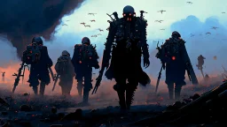 {{{Bio-engineered undead cyborg army marching}}} machine soldiers, hazmats, tactical wear, gas creepy landscape, techno gothic visual composition, science fiction painting, Denis Sarazhin, Alex Colville, Simon Stålenhag, Neil Blomkamp, Frank bowling, Christopher Shy, Alejandro Burdisio, RAW, gritty, high contrast, atmospheric horror art, gripping and suspenseful, vivid, neon overlay, narrative art, textured, dramatic, surreal horror, gestural, retro futuristic nightmarish art, apocalyptic art