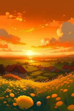 overhead shot, village, evening time , sun set, flower plants, grasses, orange, yellow sky, dynamic white clouds, magnificent, vibrant, hdr, 4k, 8k, anime style, vector art, low angle shot, aesthetic, Mysterious sketch