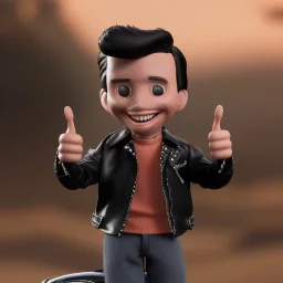 wide view young Fonz with black hair greaser figure doll 1986 (thumbs-up) (face) Forehead grin, fonzarelli, ((arnold's drive-in)) fonzie