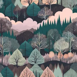 Intricate patterns on a forest landscape, sinister scribbles, pastel colors