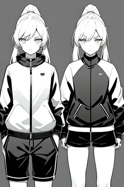 blonde girl with ponytails dressed in a jacket and shorts walks briskly, front view, greyscale