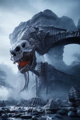 Giant scary skeleton monster, made of stone and ice, dramatic scenery, cold light