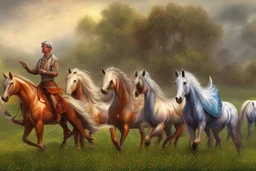 illustration horses of different colors in a field from afar